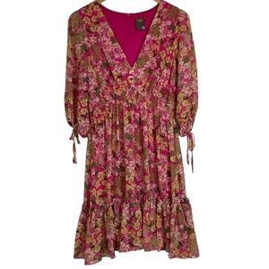 Taylor Pink Floral Chiffon Smocked Waist Dress
